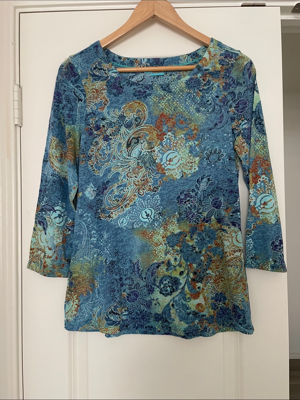 Tianello  Blue  Paisley Long Sleeve Scoop Neck Top